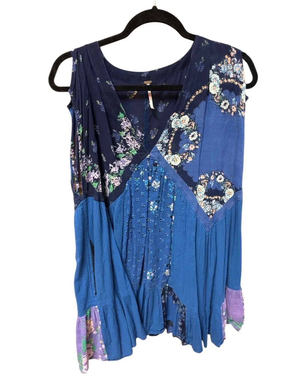 FREE PEOPLE Mended Scarves Patchwork Mini Dress Blue Dark Combo Large MSRP$148